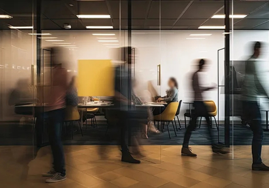 Inside an office building with blurred movement of people walking past a conference room.