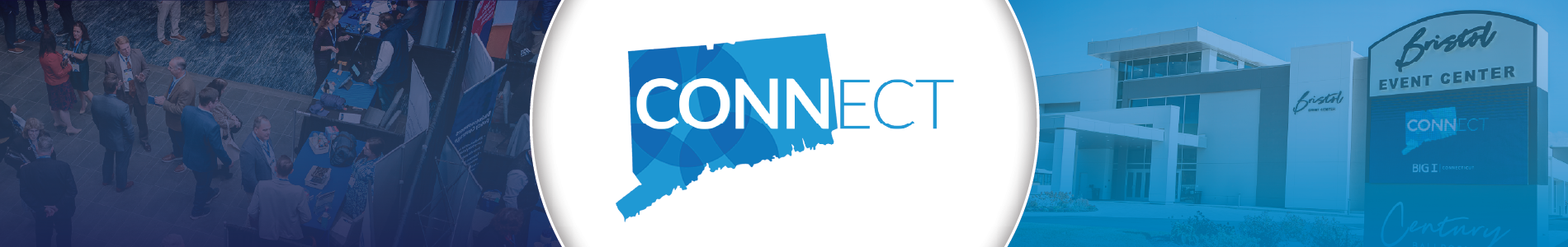 CONNECT banner with logo and images of the exhibit hall and venue sign.