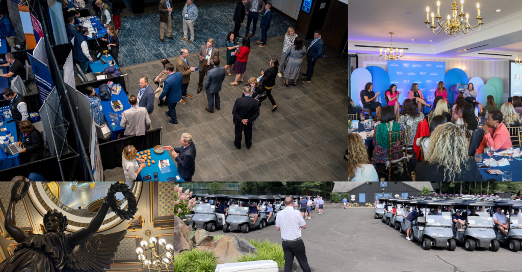 Collage of images from the exhibit hall at CONNECT 2025, programming room at CT Insurance Women's Summit 2025, Big I CT Golf Tournament 2025, and inside the Connecticut State Capitol.