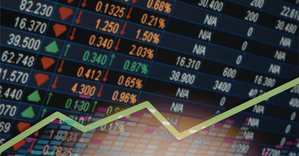 A screen showing stock market prices rising and declining with a line graph overlayed