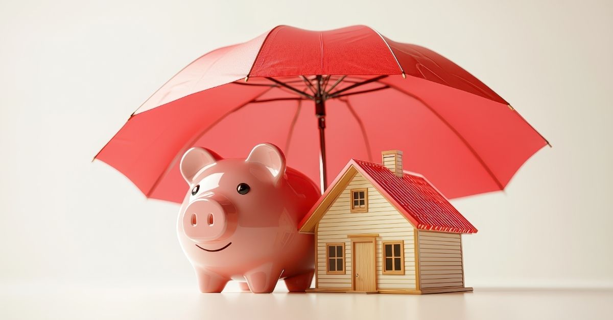 A red umbrella hanging over a piggy bank and house figurine.