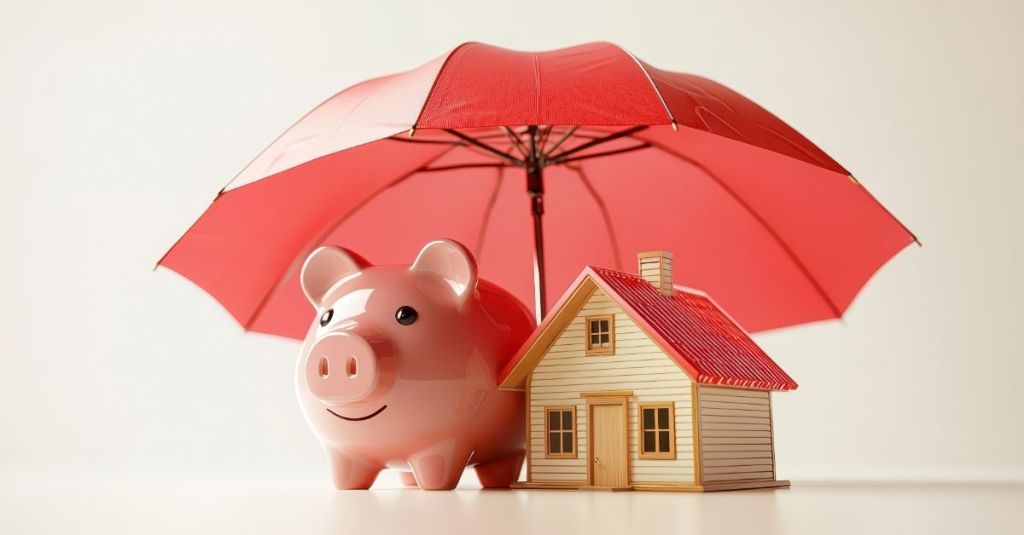 A red umbrella hanging over a piggy bank and house figurine.