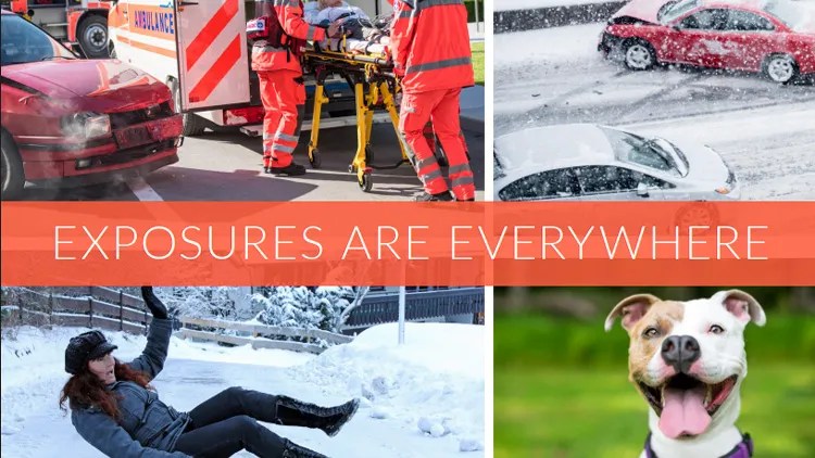 "Exposures are Everywhere" graphic with images of a car accident, slipping on ice, and a dog.