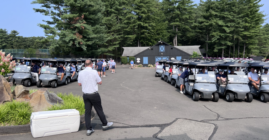 Wide view of golf carts lined up at the Big I CT Golf Tournament 2026.