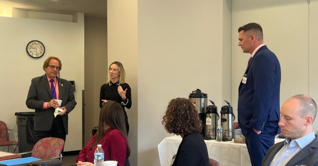 Insurance and Real Estate Committee Co-Chair Representative Kerry​​ Wood​ and Insurance and Real Estate Committee Member Representative Tom Delnicki speaking with Big I CT members.