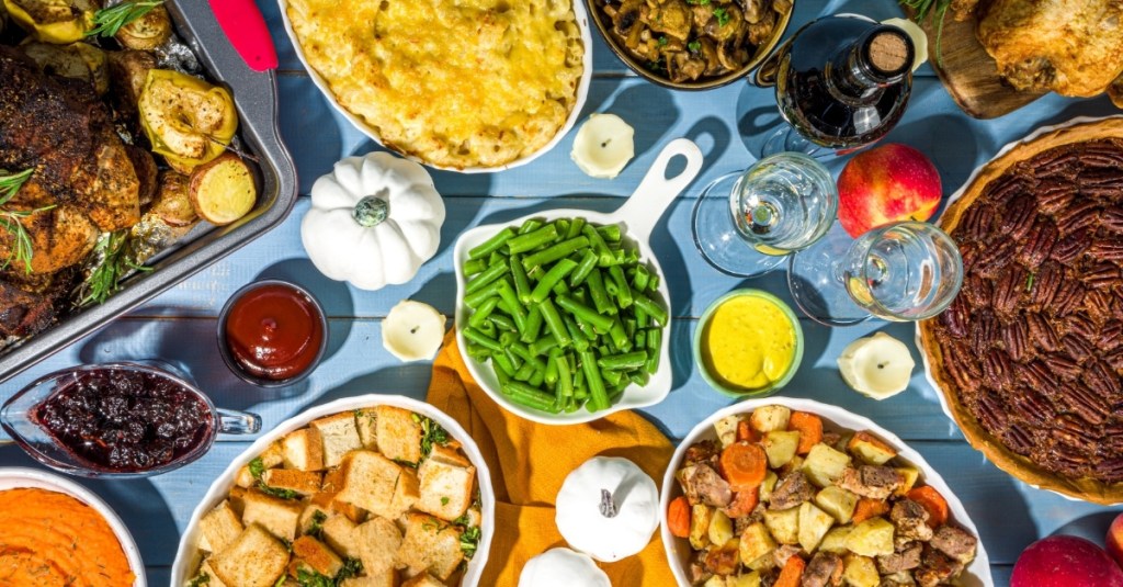 Spread of Thanksgiving dishes.