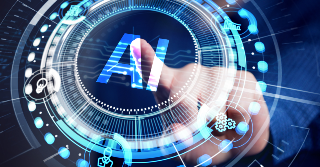 Finger pointing to digital interface button reading AI