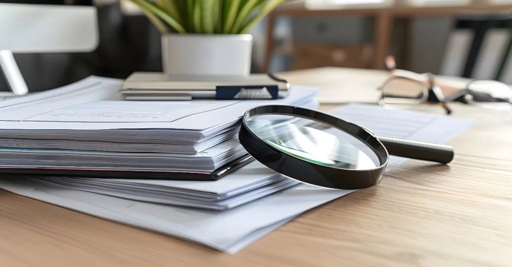 Stack of papers beside a magnifying glass.