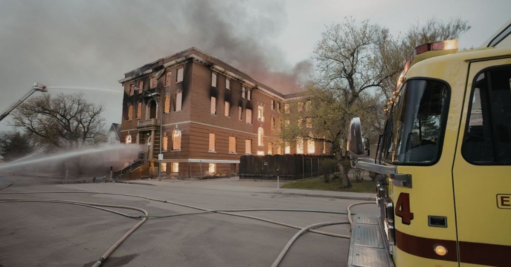 Firefighters extinguishing a building caught on fire.